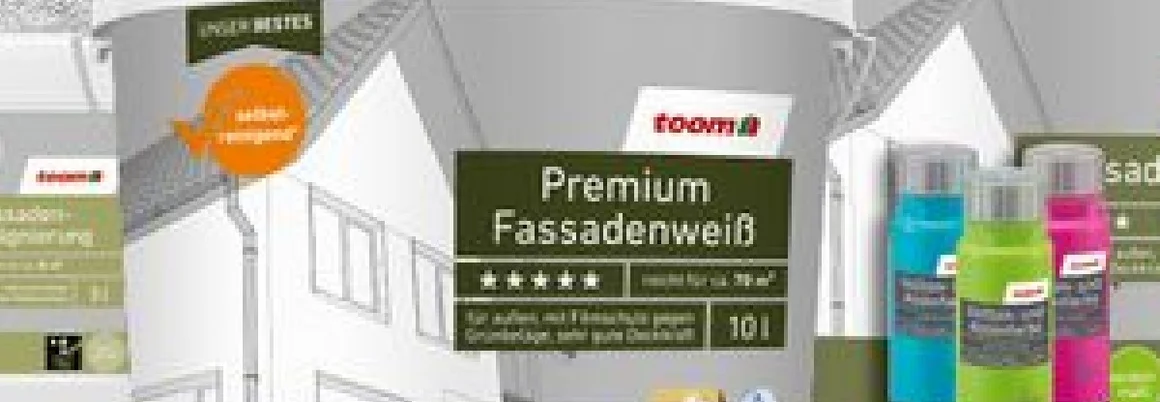 Weißer Farbeimer und drei kleinere Flaschen in grün, blau und pink